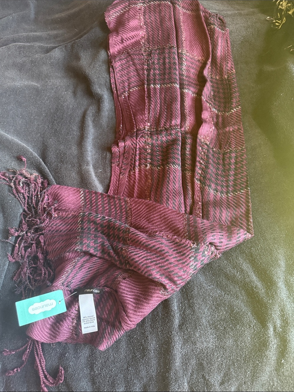 Maurices Burgundy Plaid Fringe Scarf